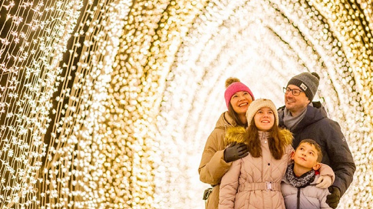 A family of four huddle together and gaze up in wonder at an arched corridor or golden lights surrounding them.